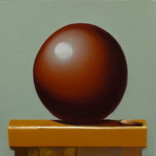 Image similar to oil painting of a spherical rough boulder on a pedestal with a match stick in its side, brown background