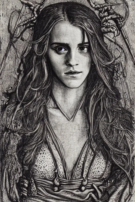 Image similar to realistic medieval etching of emma watson, high detail, elaborate composition, quality draughtmanship, detailed faces. by austin osman spare, occult art, alchemical diagram