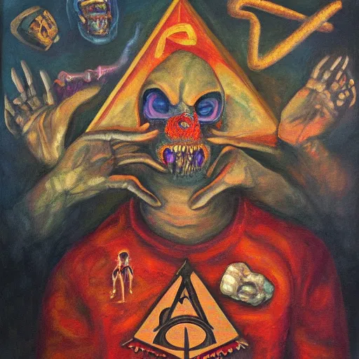 Image similar to portre of an autistic demon on acid, masonic and kabalistic symbols in background, oil painting