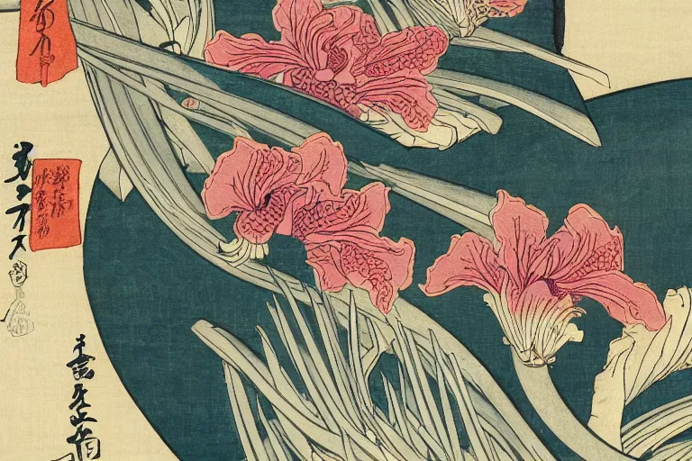 Image similar to a masterful ukiyo - e print of irises by katsushika hokusai, utagawa kuniyoshi and utagawa hiroshige, hyperdetailed, intricate, colorful, illustration, complex, closeup, 4 k