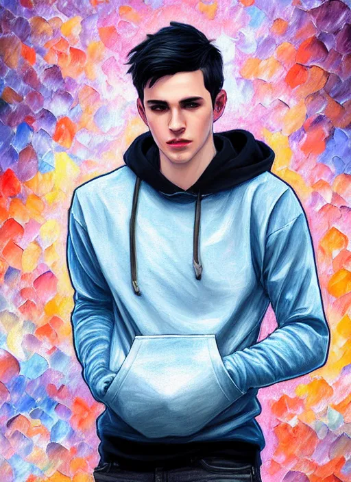 Image similar to handsome young man with short black hair, light blue eyes, pale skin, black hoodie, jeans, half body shot, path traced, highly detailed, high quality, digital painting, alena aenami, leonid afremov, lilia alvarado, shinji aramaki, karol bak, alphonse mucha, tom bagshaw