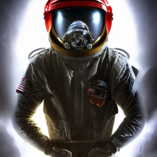 Image similar to concept art by craig mullins diver astronaut in underwater futuristic dark and empty spaceship. infrared complex and hyperdetailed technical suit design. helmet with a red visor. reflection and dispersion materials rays and dispersion of light breaking through the deep water. 5 0 mm, f / 3 2. noise film photo. flash photography. trend artstation