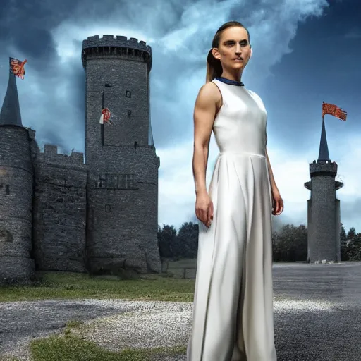 Prompt: hyperrealistic sci - fi photo of natalie portman standing in front of a castle