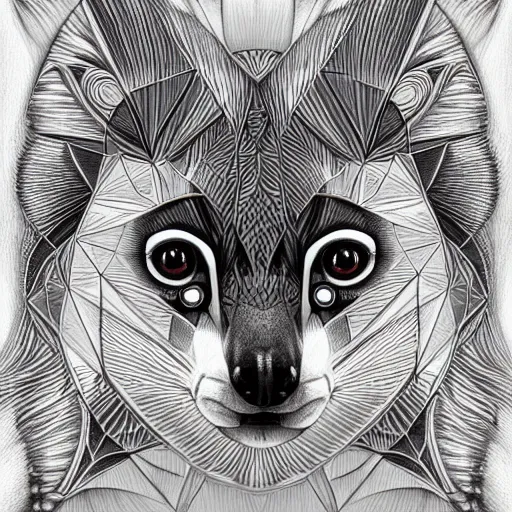 Prompt: Geometric symmetrical lemur, sun in the background, intricate, elegant, highly detailed, digital painting, artstation, concept art, smooth, sharp focus, illustration, art by artgerm