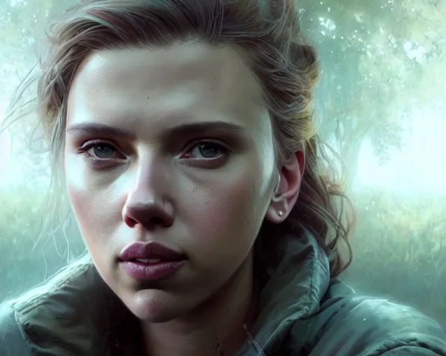 Image similar to highly detailed portrait of scarlett johansson, in the walking dead, stephen bliss, unreal engine, fantasy art by greg rutkowski, loish, rhads, ferdinand knab, makoto shinkai and lois van baarle, ilya kuvshinov, rossdraws, tom bagshaw, global illumination, radiant light, detailed and intricate environment