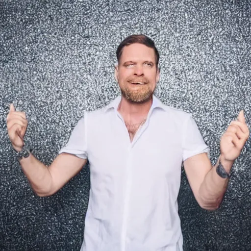Prompt: photo of a 4 0 year old white man living thinking he's living the best life possible. he looks young for his age. he is at a dance club, it's as if he were in a music video. young woman can be seen dancing around him in a seductive manner.