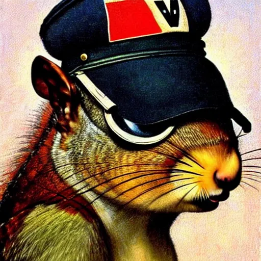 Prompt: portrait painting of a squirrel wear a ww 2 aviators cap, 8 k, by norman rockwell,