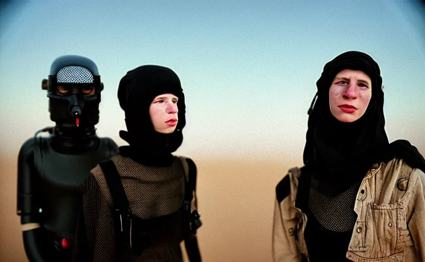 Prompt: cinestill 5 0 d photographic portrait by helen levitt of a white and mixed female android couple wearing rugged black mesh techwear on a desolate plain of america, extreme closeup, modern cyberpunk, dust storm, 8 k, hd, high resolution, 3 5 mm, f / 3 2, ultra realistic faces, intricate detail, ex machina