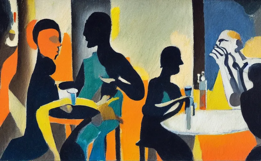 Prompt: oil painting in the style of john craxton. sailors communicating in the shadows of a pub. in the style of ivon hitchins. strong expressions on faces. holding cigarettes. scratch. strong lighting. playing cards. brush. single flower. cheekbones. smokey bar. seated figure hands on table. eyes. line drawing.