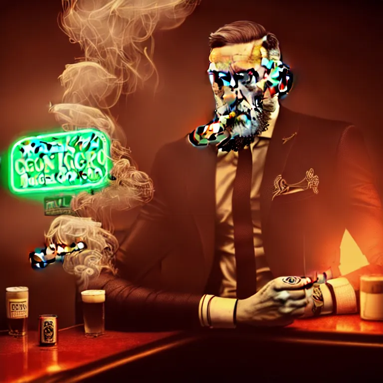 Image similar to a intricately detailed portrait of conor mcgregor smoking a lit cigar in an irish pub with a neon bar, smoke rising like clouds, balanced, trending on art station, volumetric lighting & shadows, hyper detailed, digital art, unreal engine, 4 0 0 mm f 1. 8,