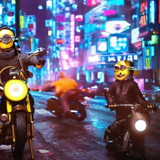 Image similar to minion riding a motorbike in a neotokyo street, cyberpunk, movie still, 4 k