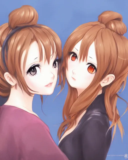 Image similar to portrait of two girls kissing, anime, trending on Artstation