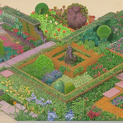 Image similar to an illustration of a beautiful garden, isometric view, painted by moebius and james jean