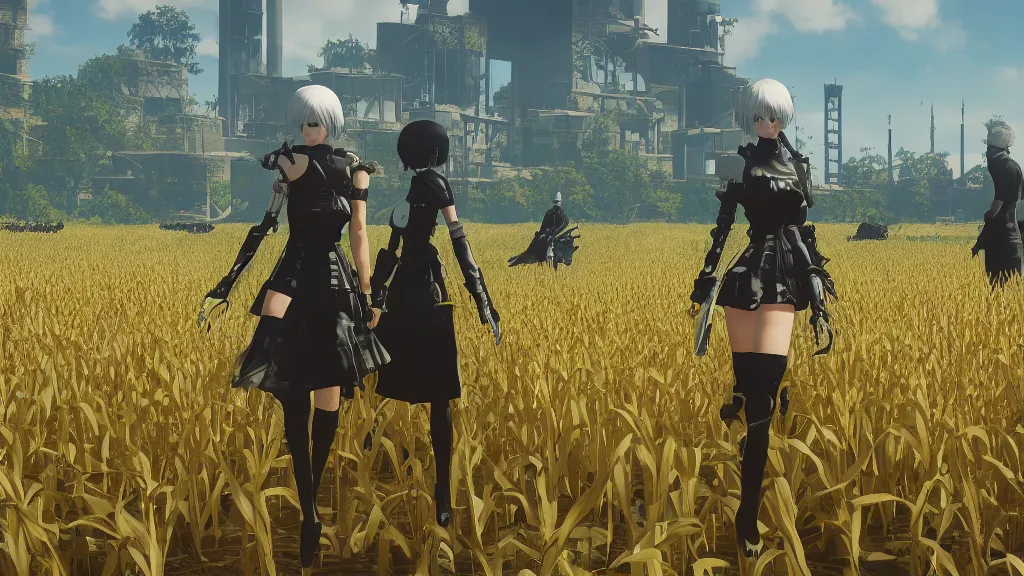 Prompt: Screenshot from Nier Automata in a beautiful countryside corn field