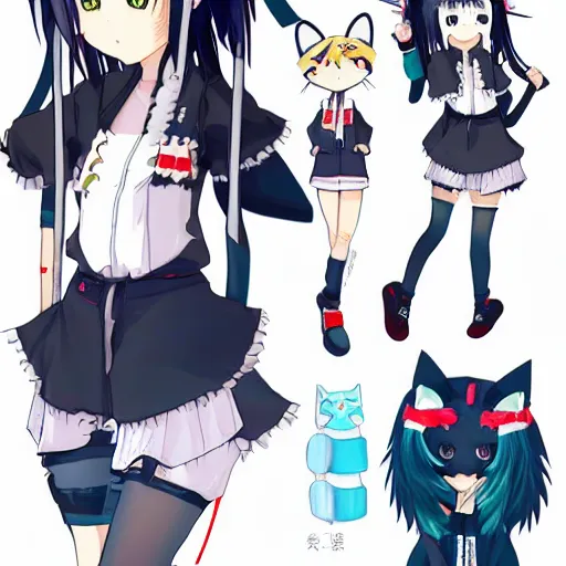 Image similar to Japanese styled anime character design sheet of a shy caucasian short girl with black hair, heterochromia eyes and with cat ears and cat tail wearing a white and blue moon inspired oufit, fishnet stockings, white sneakers, white earrings and a black nose ring, trending on artstation