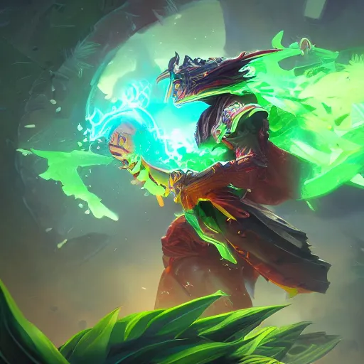 Image similar to arcane style green leaves explosion, green leaves, bright art masterpiece artstation. 8k, sharp high quality artwork in style of Jose Daniel Cabrera Pena and Greg Rutkowski, concept art by Tooth Wu, blizzard warcraft artwork, hearthstone card game artwork, leaves exploding, leaves explosion