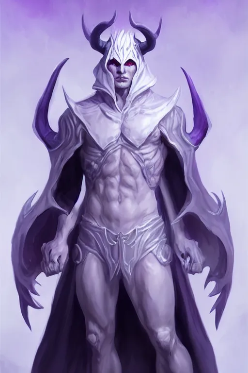 Prompt: human male demon, full body white purple think cloak, character concept art, costume design, black eyes, white horns, trending on artstation, Artgerm , WLOP