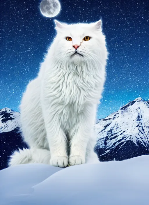 Image similar to giant white cat on a snowy mountain with lightning coming out of its hands, blue sky background with moon