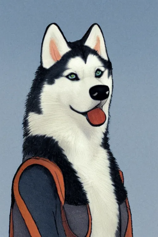 Prompt: a character design of a husky wearing a white vest