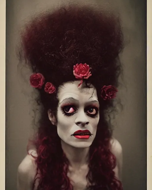 Prompt: an instant photo of a beautiful but sinister bride of frankenstein in layers of fear, with haunted eyes and curly hair, 1 9 7 0 s, seventies, delicate embellishments, a little blood, crimson, painterly, offset printing technique, mary jane ansell