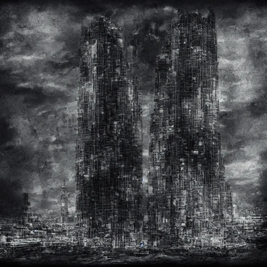 Prompt: a dark glass skyscraper in hell made of black rock with signboard ‘Sins Inc.’ on it, sins inc skyscraper front, high resolution, highly detailed, digital painting
