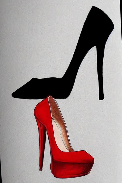 Image similar to black high heels with red bottoms, illustration, graphic design, high fashion, elegant, color pencil drawing, pop art style,