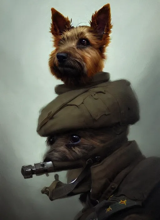 Prompt: norwich terrier as an soldier, backround dark, highly detailed, digital illustration, trending in artstation, modern painting, smooth, sharp focus, intricate, by peter mohrbacher