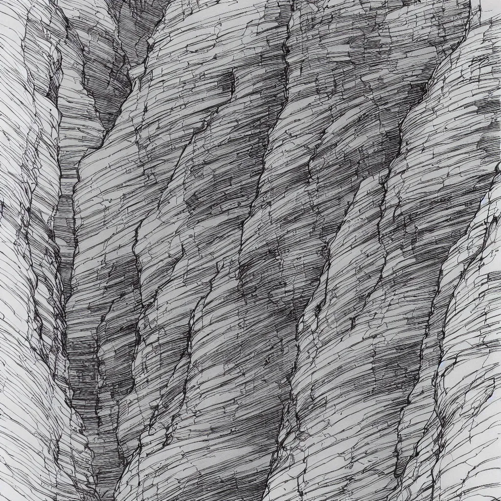 Image similar to slot canyons by moebius, minimalist ink drawing with long lines