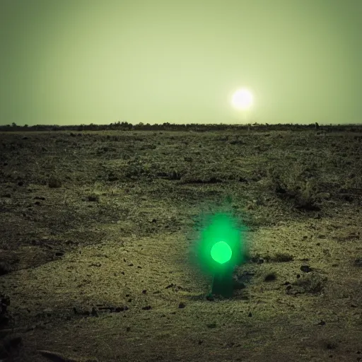 Prompt: the last living thing on earth, disaster, gloomy, sad, dust filled air, dim orange and green light, photography.