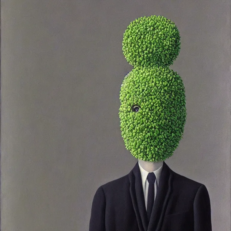 Image similar to portrait of a faceless flower - head man by rene magritte, detailed painting, distance, centered, hd, hq, high resolution, high detail, 4 k, 8 k