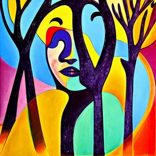 Image similar to woman roots like a tree and belongs to this place, abstract art in the style of cubism and georgia o keefe,