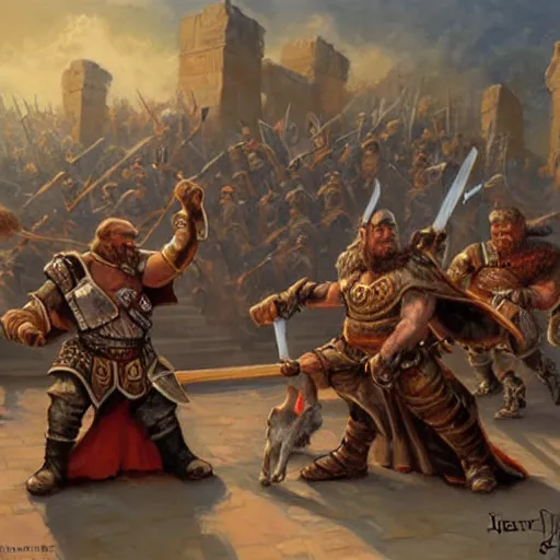 Image similar to DnD dwarves in gladitorial duel. Epic painting by james gurney. Dwarf gladiators in the coliseum.