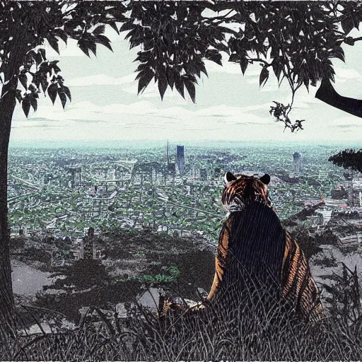 Prompt: tiger only looking down at a city on a hilltop, super detailed, by takehiko inoue, by tatsuro kiuchi, by henri rousseau, by greg hildebrandt