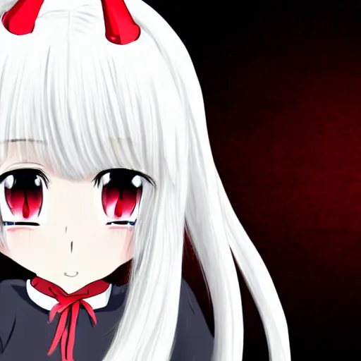 Image similar to white hair, red eyes, two small horn on the head, anime style, anime girl,