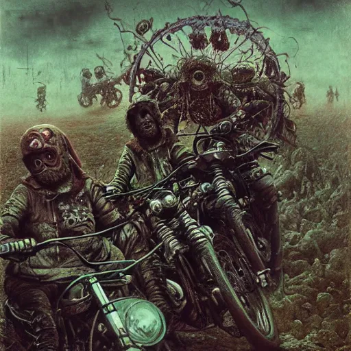 Image similar to motorbikers race in hell, horror art, purple and green hour, by beksinski, szukalski, giger, pyromallis, dzo, iris compiet, seb mckinnon, digital art, highly detailed, intricate, sharp focus, trending on artstation hq, deviantart, pinterest, unreal engine 5, 4 k uhd image