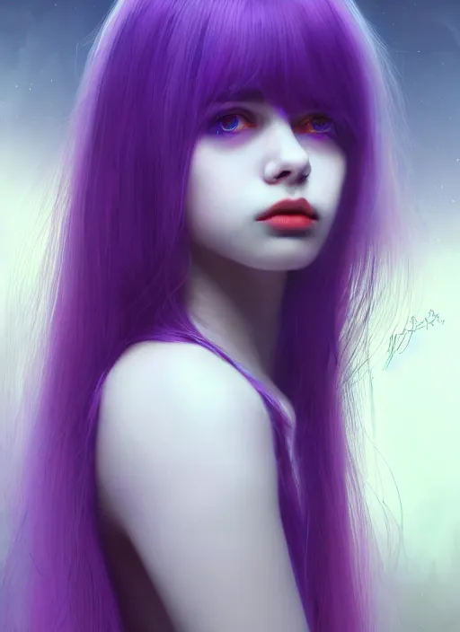 Image similar to hair whitebangs hair, black hair, whitebangs, portrait of teenage girl with white bangs, red irises, purple clothes, white bangs, bangs are different color from hair, intricate, elegant, glowing lights, highly detailed, digital painting, artstation, concept art, smooth, sharp focus, illustration, art by wlop, mars ravelo and greg rutkowski