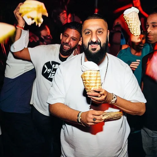 Prompt: DJ khaled dancing and holding ice cream and a slice pizza