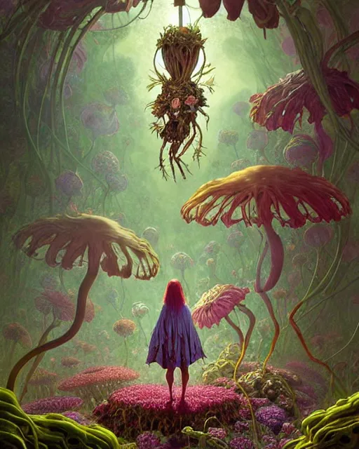 Prompt: the platonic ideal of flowers, sprouting, insects and praying of cletus kasady carnage davinci dementor chtulu mandelbulb ponyo alice in wonderland dinotopia watership down, d & d, fantasy, ego death, mdma, dmt, psilocybin, concept art by greg rutkowski and simon stalenhag and alphonse mucha