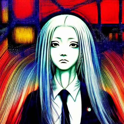 Prompt: yoshitaka amano blurred and dreamy three quarter angle portrait of a young woman with white hair and black eyes wearing dress suit with tie, playstation 2 horror game, junji ito abstract patterns in the background, satoshi kon anime, chungking express color palette, noisy film grain effect, highly detailed, renaissance oil painting, weird portrait angle