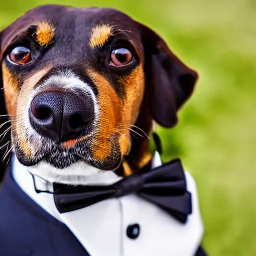 Prompt: high detail shot of a dog wearing a suit, realism 8k