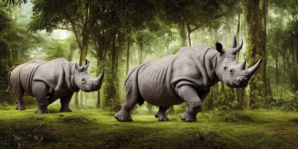 Prompt: about 4 2 to 2 1 million years ago, the giant rhino. in the asian rainforest immaculate details vintage polaroid photo hyper realistic ultra realistic photo realistic photography,