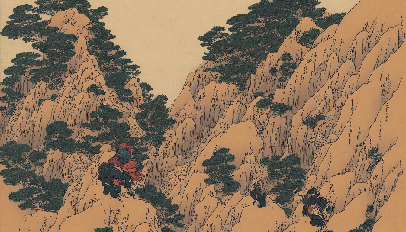 Image similar to backpacking through slot canyons by hokusai