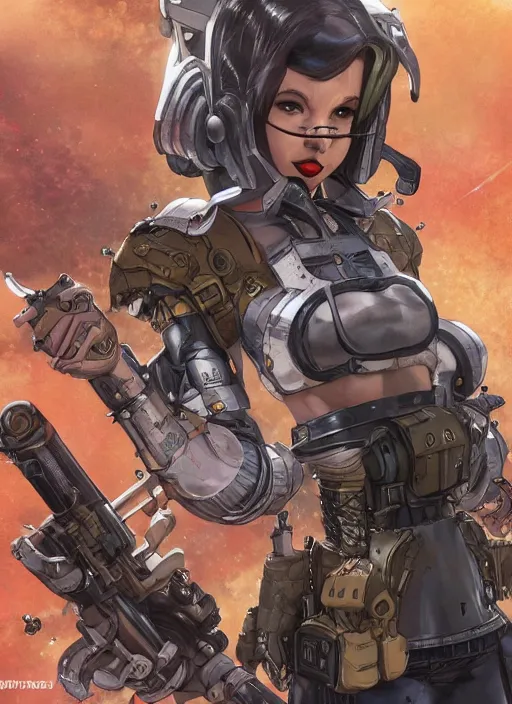 Image similar to 8K, realistic Lady Mechanika in a Comic Book cover, holding a shotgun, and wearing by Artgerm and Katsuhiro Otomo, trending on artstation, featured in Deviantart, Wallpaper, sharp focus, D&D, detailed, intricate, cinematic lighting,