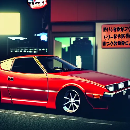 Image similar to a car Toyota Celica at carshow, Shibuya prefecture, city sunset, cinematic color, photorealistic, highly detailed