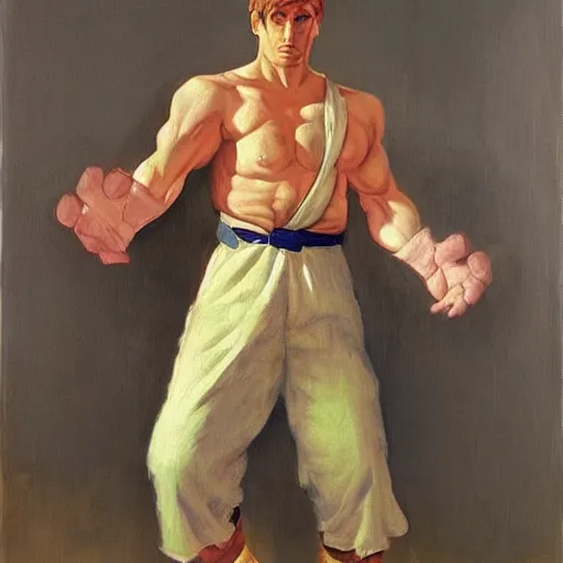 Image similar to ken from street fighter 2 in real life in the style of malczewski, jacek