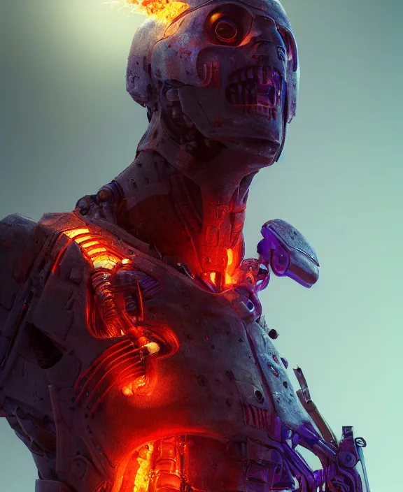 Prompt: an upper body portrait of a cyborg soldier burning with purple fire, by hr giger and beksinski and stephan martiniere, 4 k resolution, detailed, 3 d render, unreal engine, octane render, trending on artstation