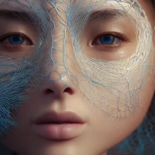 Image similar to intricate highly detailed face portrait of asian - european woman, light blue water vines on her face, intricate, cgsociety, unreal engine, octane render, sharp focus, smooth, volumetric lighting, cinematic composition, artstation