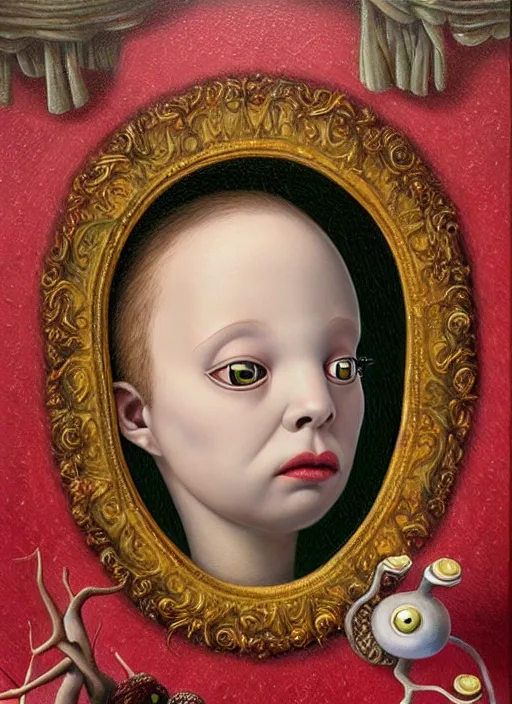 Image similar to Oil painting - a regular earthworm with a tiny little crown peeking out form a hole, Masterpiece, Mark Ryden, Wolfgang Lettl highly detailed, hints of Yayoi Kasuma