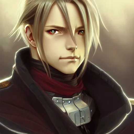 Image similar to Edward Elric from Fullmetal Alchemist, fantasy, intricate, elegant, highly detailed, digital painting, artstation, concept art, matte, sharp focus, illustration, art by Artgerm and Greg Rutkowski and Alphonse Mucha