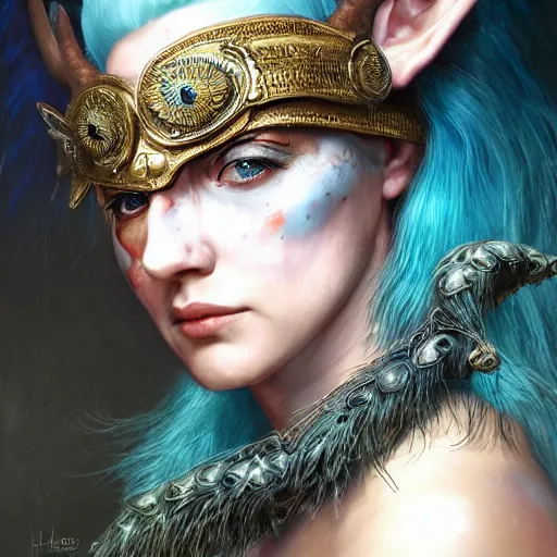 Prompt: a young female shaman, blue hair and antlers on her head. blindfolded, heilung, in the style of heather theurer, headshot photoshoot, insanely detailed and intricate, beautiful, elegant, cinematic toplight, portrait, headroom, artstation, karol bak, karol bak, karol bak